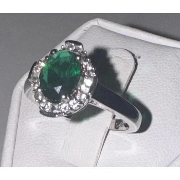 P Star M Sterling Silver 925 White Topaz & Emerald Green Stone Ring Size 6.75 - Picture 1 of 10